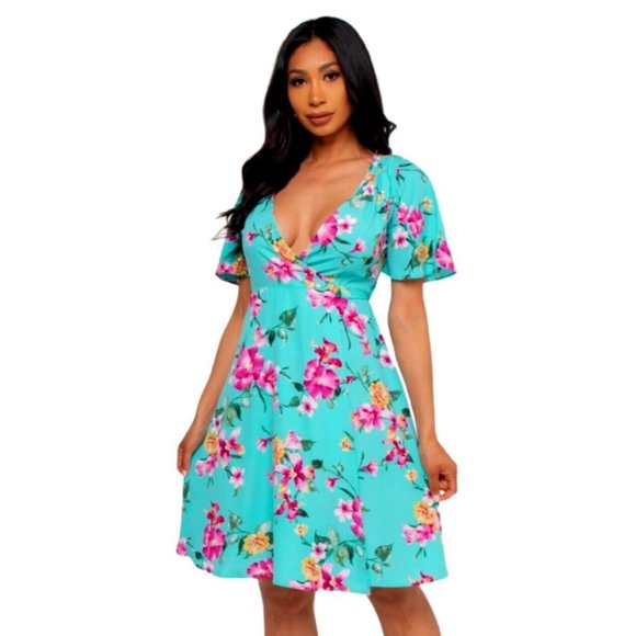 Wrap Dress Sky Blue Floral Print Short Sleeve Deep V Neck - Picture 4 of 4
